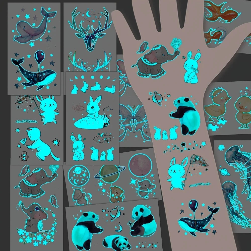 12 Sheets Animals Luminous Temporary Tattoo Cute Blue Panda Glowing Tattoo Sticker For Hands Face Tattoo Music Concerts Decor