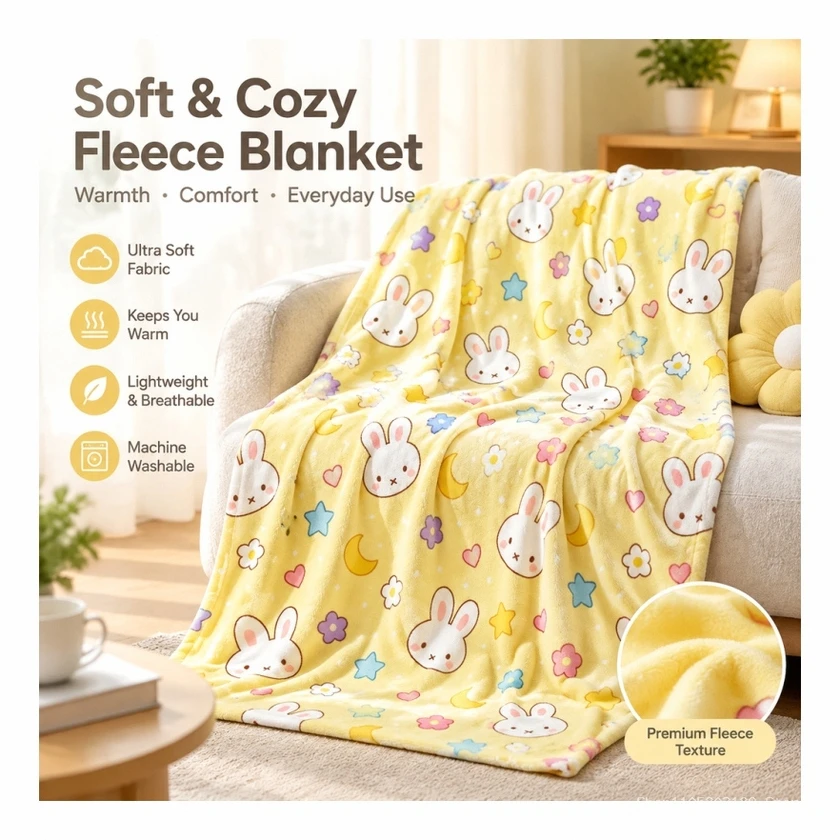 Cute Rabbit Pattern Flannel Throw Blanket Soft Cozy Office Nap Shawl Air Conditioning Blanket for Sofa Bedroom Student Dorm D