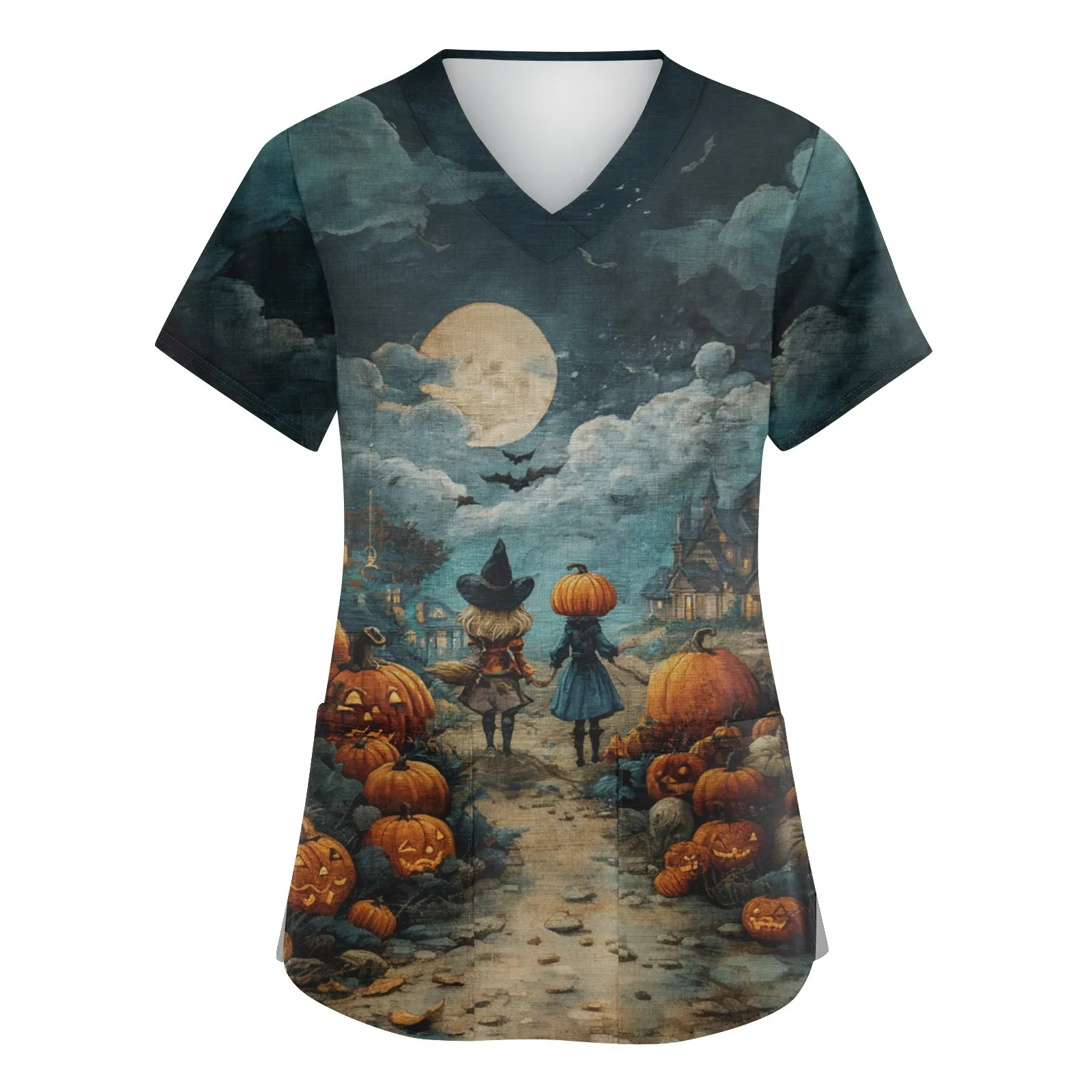

Halloween Surgical Uniforms Woman Cartoon Print Fashions Nurse Casual V-Neck Short Sleeve Patch Contest Clinical Uniform Woman