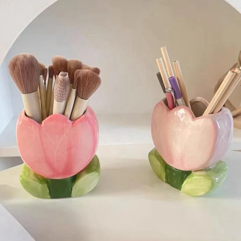 Pen Holder for Office Desk Accessories Aesthetic Pink Makeup Brush Holder Pencil Holder Cute Tulips Home Decor Birthday-A57M - view 4