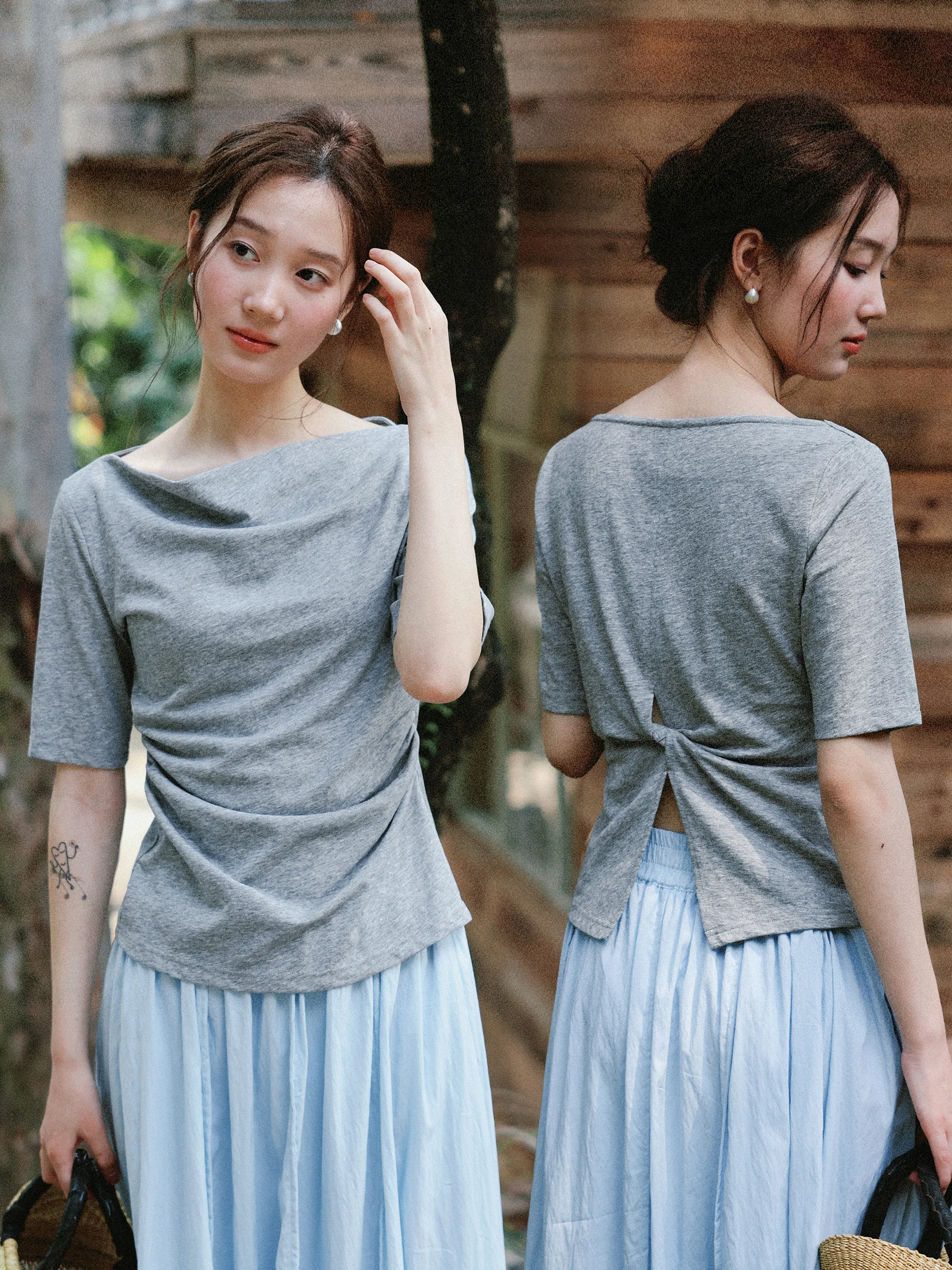 

MUNNS RUIXI Grey Knitted Slim Fit T-Shirt Women's Summer Fashion French Style Cotton Polyester Blend Short Sleeve Crew Neck Top