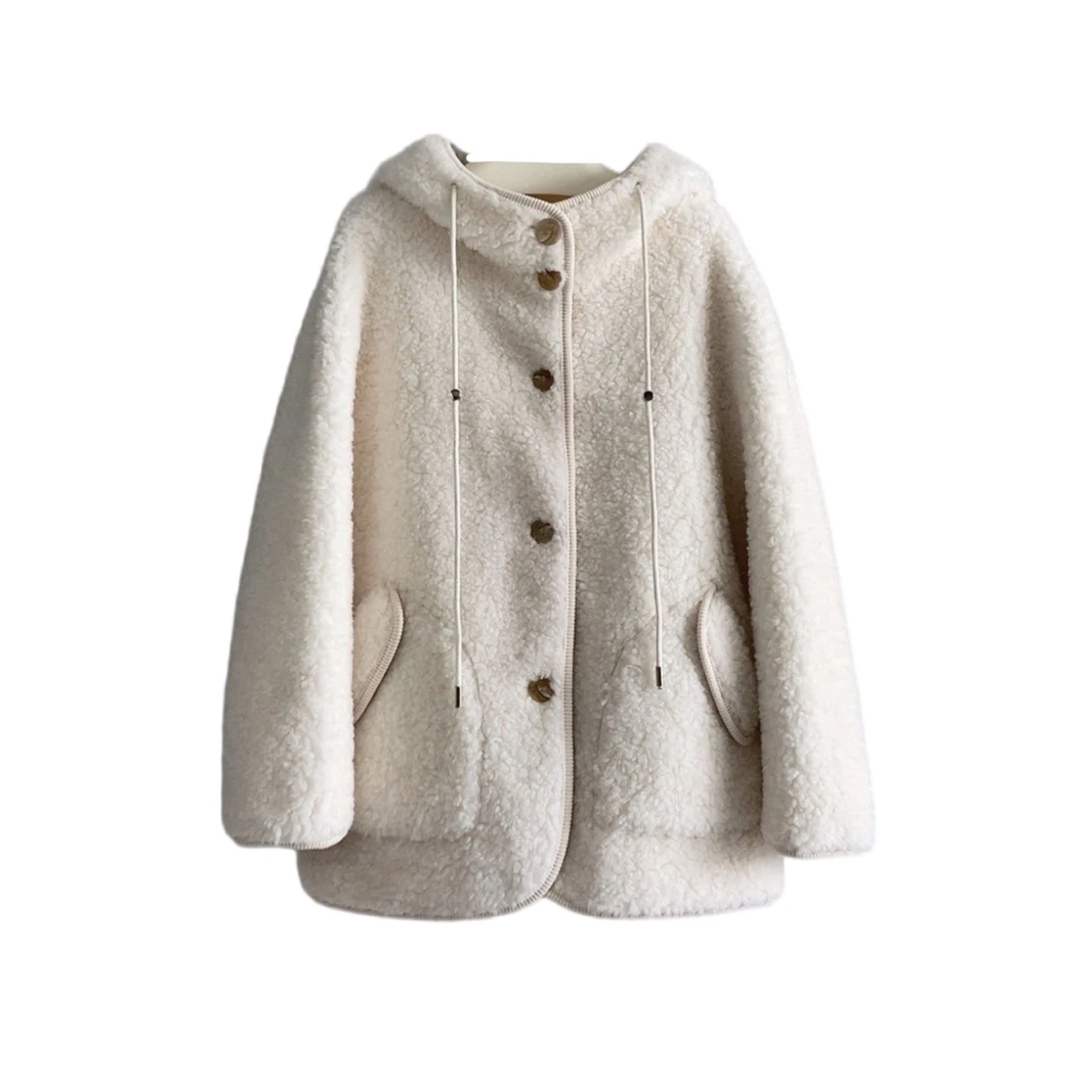 เสื้อโค้ทผู้หญิงแบบมีฮู้ดบุขนสัตว์ผสม แฟชั่นแบบกระดุมแถวเดียว แจ็คเก็ตขนแกะสไตล์เกาหลี หนาและอบอุ่น