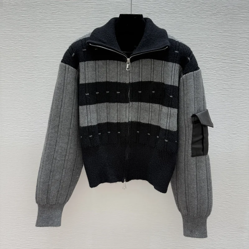 

High-quality striped multi-color women's cardigan sweater with patch side seam pocket zipper popular 251004217