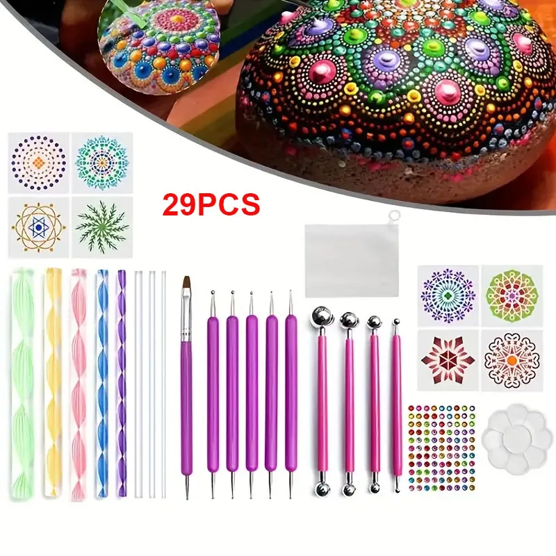 

29PCS DIY Mandala Dotting Painting Tools Stencil Painting Board Acrylic Tools Set for Stone Flower Painting ArtDecor