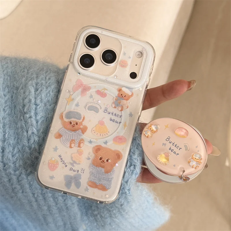 Kawaii Cartoon Bear Magnetic Phone Case For iPhone 17 Pro 16 15 14 Pro Max Cover with Magsafe Stand Holder Cute Cases 17Pro Capa