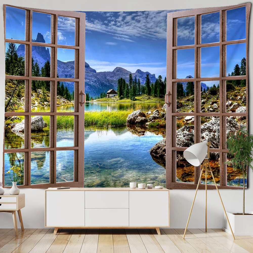 3D Window Scenery Tapestry Wall Hanging Hippie Tapiz Art Boho Natural Simple Bedroom Dorm Home Decor