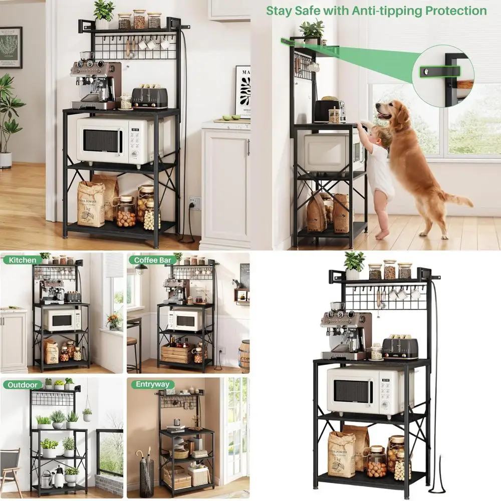 

Kitchen Microwave Stand with 4-tier Shelves, Power Outlet, and Wire Grid Organizer (Black, 23.5 x 15.6 x 52.8)