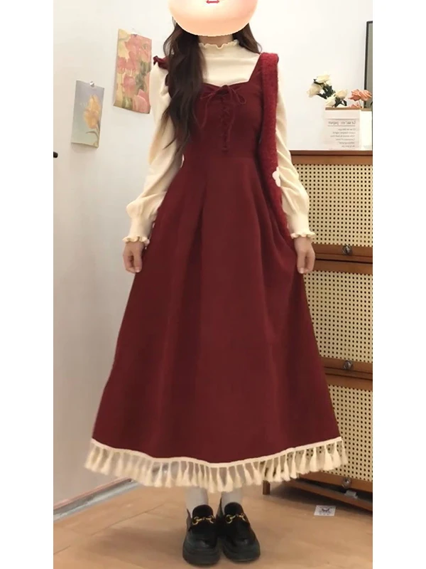 Elegant Red Tassel Vest Dress Two-Piece Set Layering Base Shirt College Style Fashion Women's Clothing Winter Season view 4