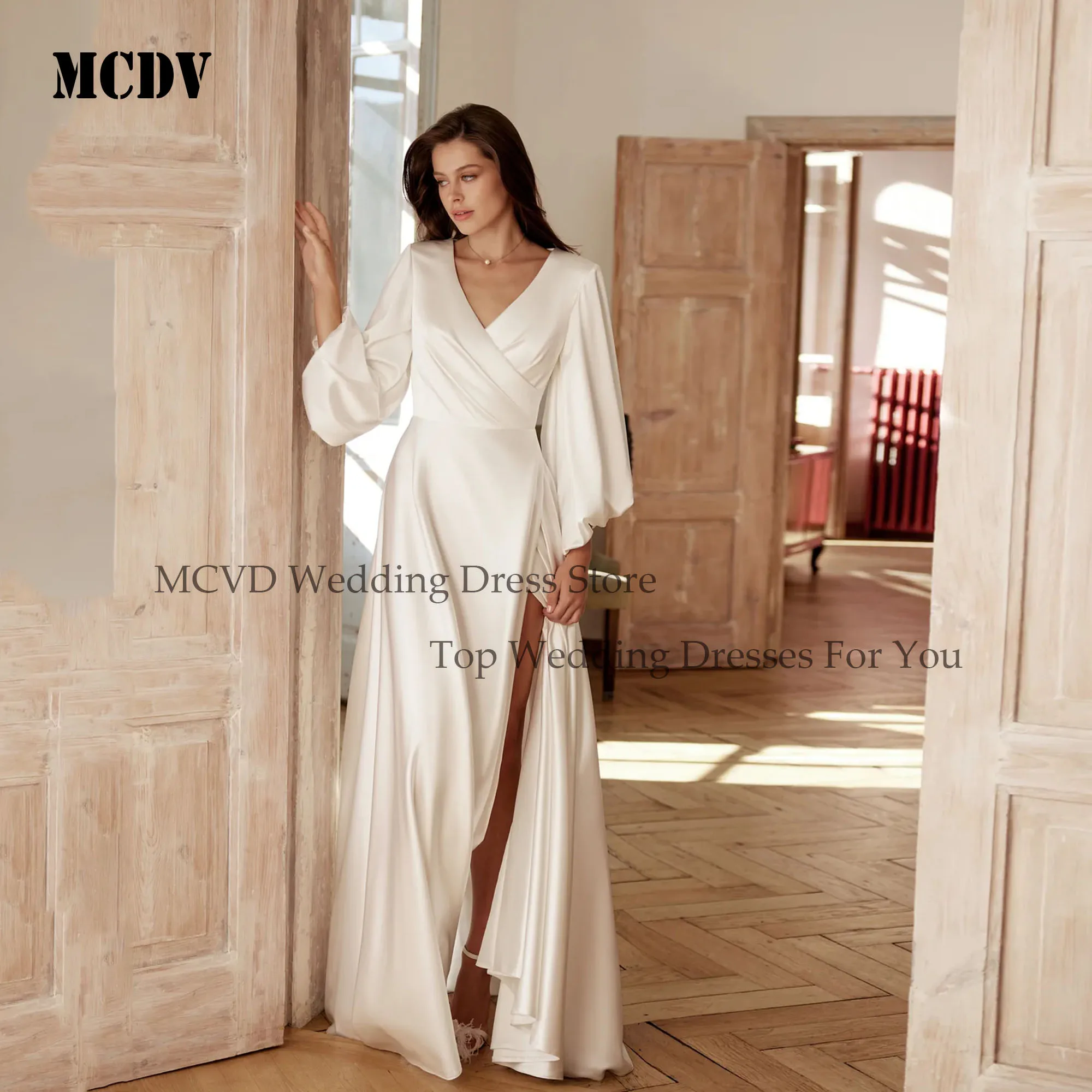 

MCDV Customized Satin Puff Sleeve V-Neck Bride Gowns Side Split A-line Backless Sexy Wedding Dress 2025 Women Floor Length