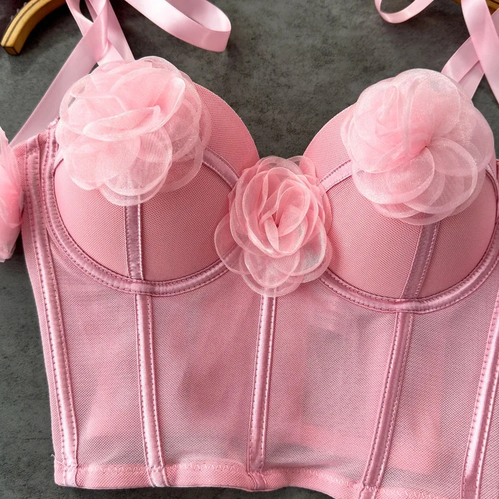 Women Elegant Chic Off Three-dimensional Flower crop Top Slim vintage Sexy tank Top Summer sweet Camis Corset Bustier