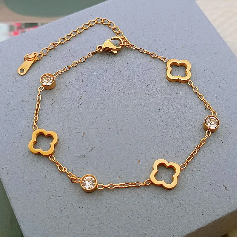 Braccialetti per piante da fiore in acciaio inossidabile alla moda da 1Pc per donna, braccialetti con ciondoli a catena e maglie in cristallo CZ per gioielli da donna per ragazze