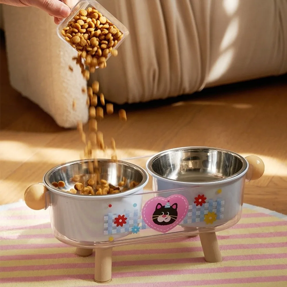 

Stainless Steel Elevated Cat Bowl Double Bowls Anti-Tipping Cat Water Bowl Non-Slip Cute Neck Protection Bowl Easy Clean
