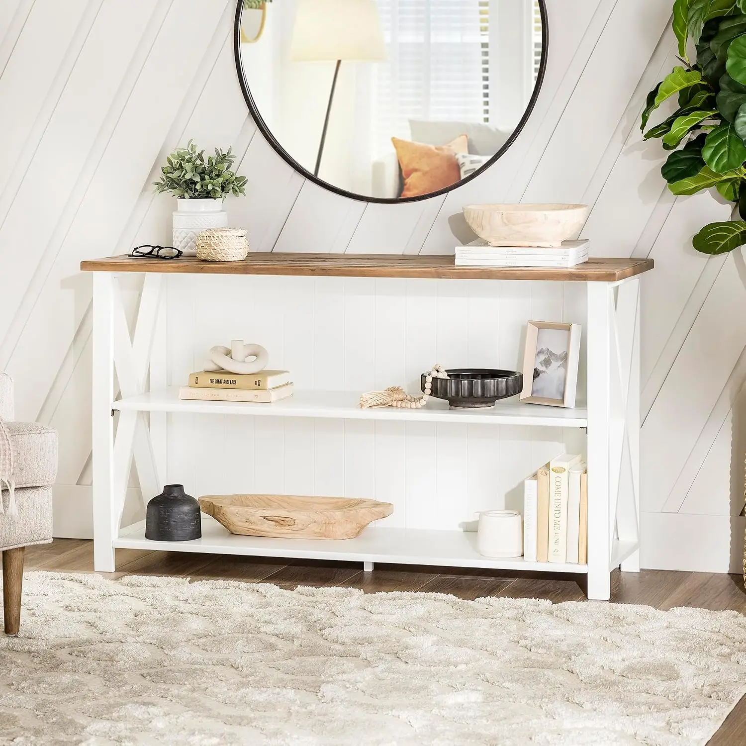 2 Tier Modern Farmhouse Wood Bookcase Bookshelf Storage Cabinet, 52 Inch White, Customized