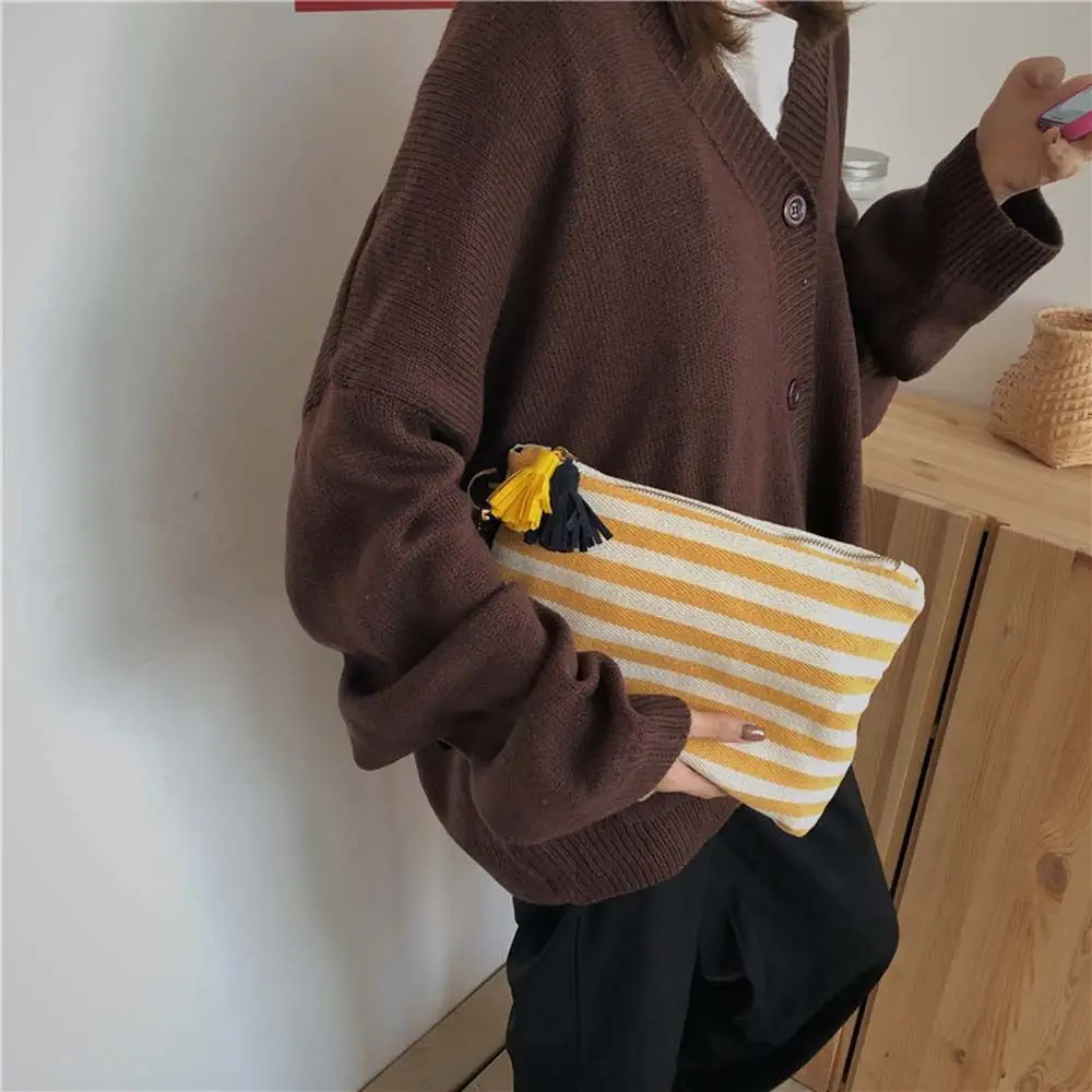 Fashion Portable Toiletry Bag Striped Pattern Cosmetic Pouch Canvas Korean Handbag Striped Canvas Bag Makeup Case Cosmetic Bag