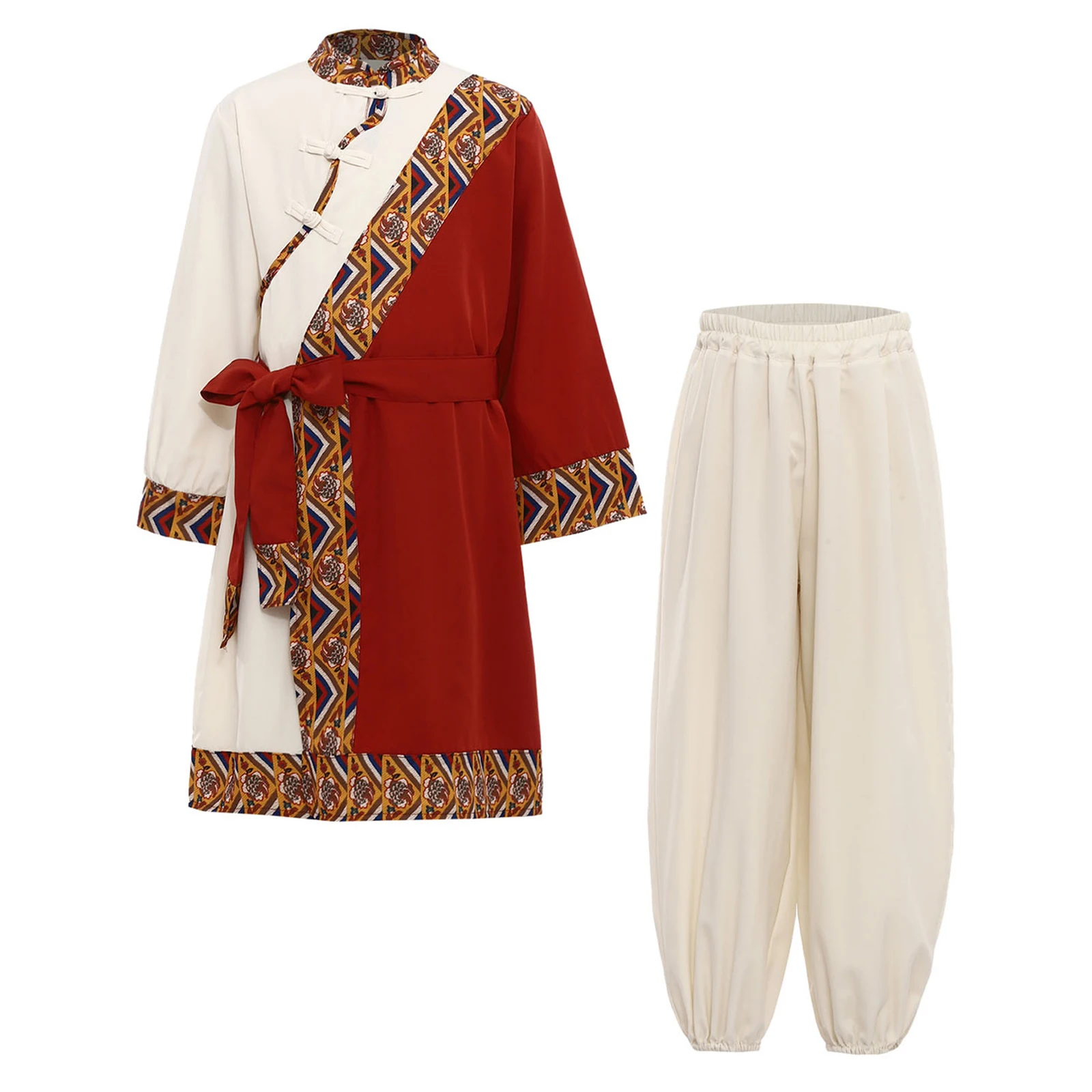 Children Boys Chinese Traditional Ethnic Minorities Style Costume Unique Patterns Long Sleeve Robe with Waist Belt and Pants Set