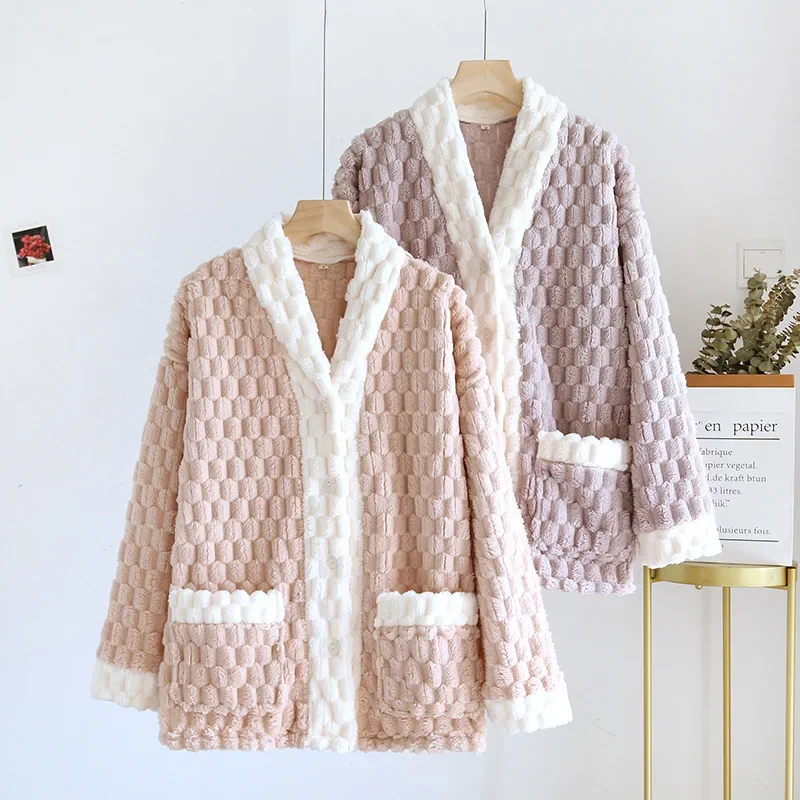 2025 Autumn/Winter Women's Pajama Top Single piece Flannel Thickened Warm Coral Fleece Long Sleeve Cardigan Home Fur Ladies