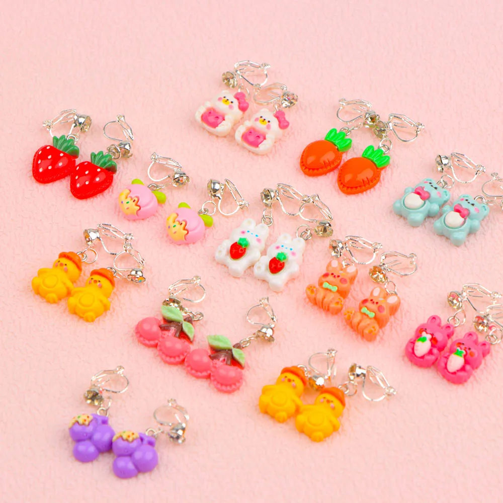 20Pairs/Lot Korean Cute Stawberry Flower Rabbit Fruit Girls Cartoon Without Pierced Ear Clip for Kids Children Jewelry Earrings