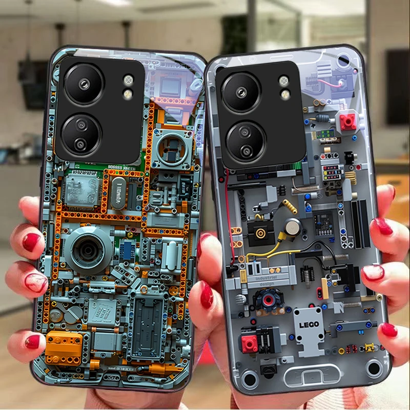 

Circuit Building Blocks For Xiaomi Redmi 13C Note13 12 Pro Plus 5G Note 9 13T Pro POCO X6 F5 F6 Black Tempered Glass Phone Case