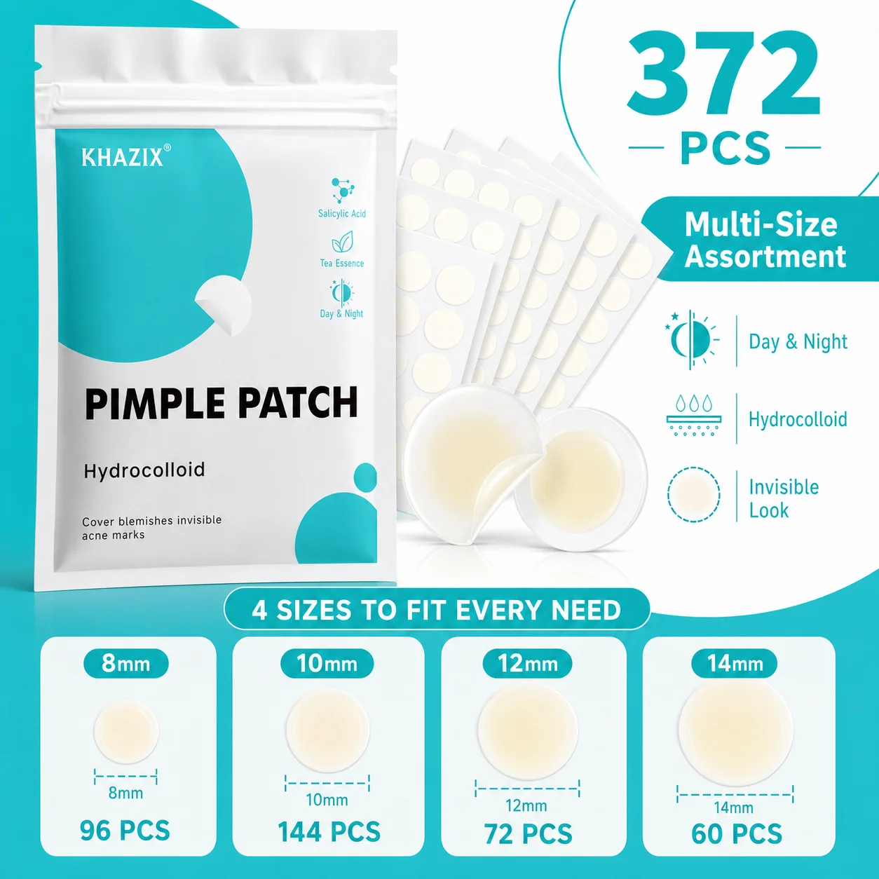 372pcs Hydrocolloid Acne Pimple Patch, Hydrocolloid Spot Stickers, Covering Zits and Defect, Nighttime Spot Stickers for Face