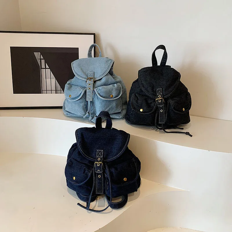 Leisure Denim Drawstring Backpack Korean Small Daypack Canvas Fashion Female Handbag Travel Bagpack Rucksack School Bags 2024