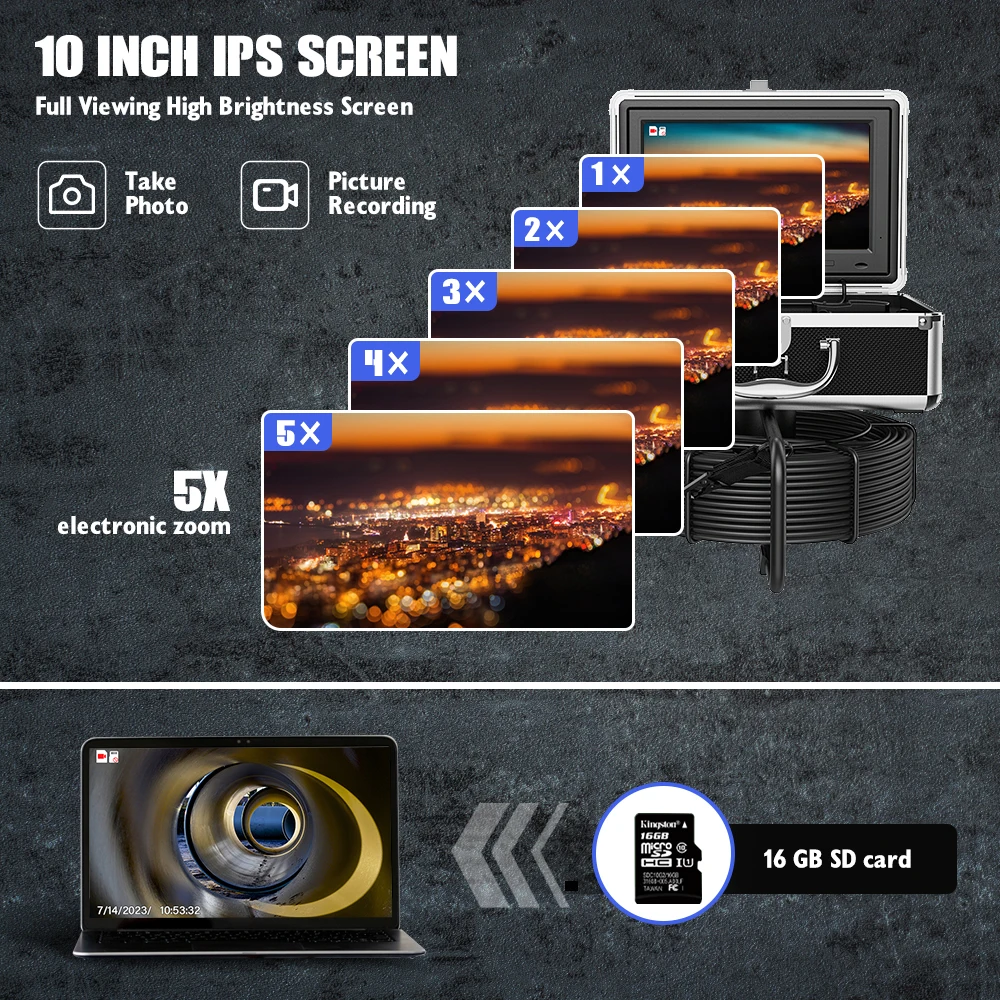 Pipe Inspection Camera 10.1 inch 1080P Screen ,17/23mm Sewer Endonscope 512HZ Sonde, Sewer Camera IP68 with DVR 16GB,20/30/50M