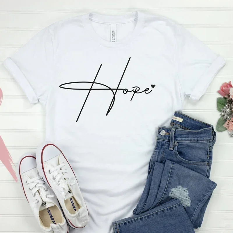 Hope Heart Graphic T Shirts Women Summer Tops Aesthetic Short Sleeve Christian T Shirt Cotton Religion Jesus Tees Dropshipping