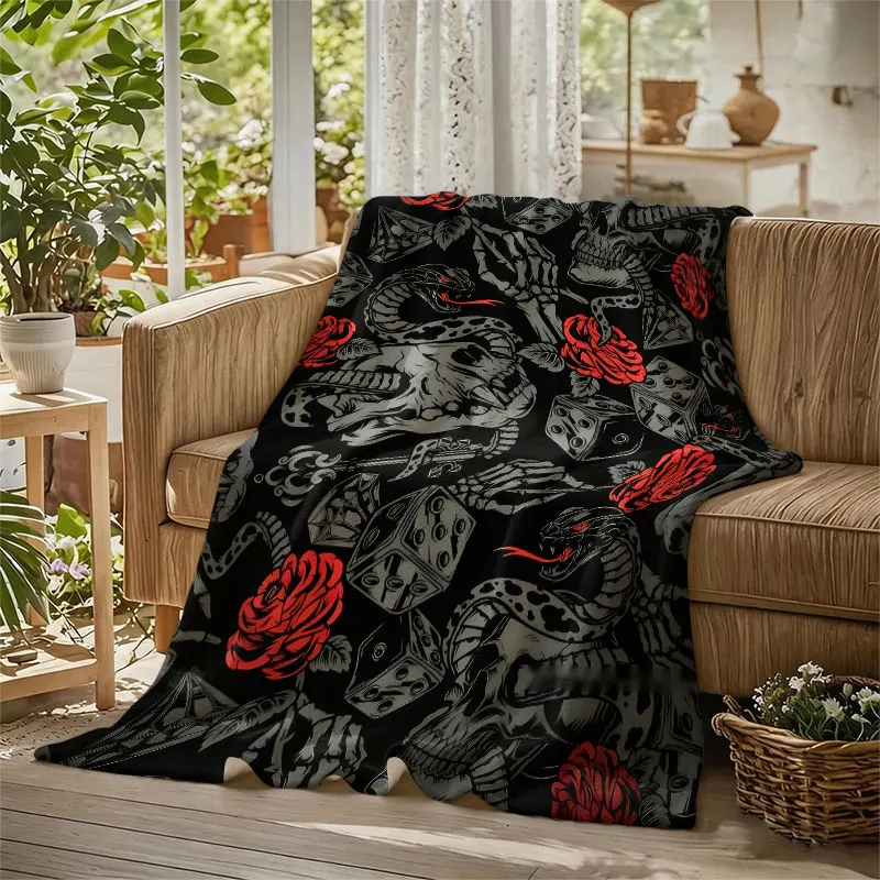 Skulls Roses Snakes Black Flannel Blanket Perfect for Sofa Office Bed Travel Sleep Read Relax Camping Four Season Use