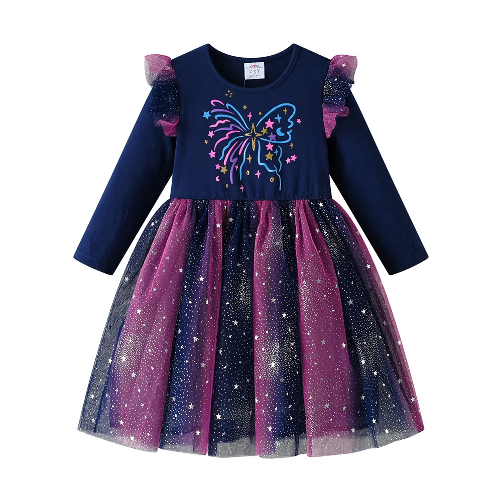 Mädchen Galaxy Stern Schmetterling Druck Langarm Tüll Prinzessinnen-Partykleid Kleinkinder Herbst Frühling Farbverlauf Ombre Marineblau Outfits – Detail 8