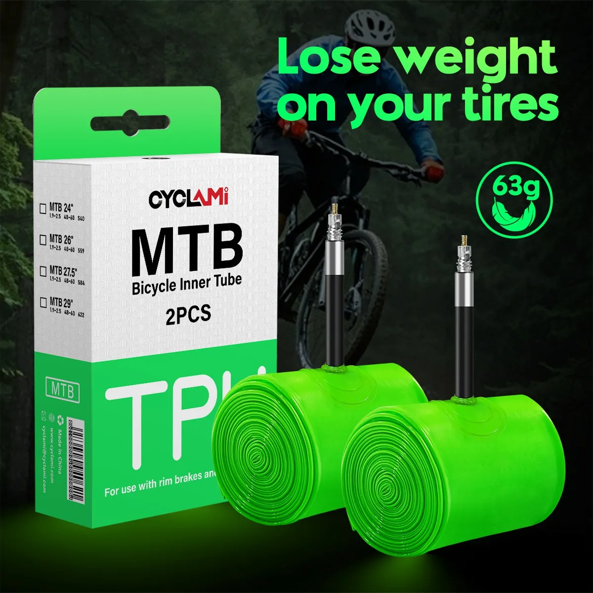 CYCLAMI 초경량 자전거 내부 튜브 26 27.5 29 인치 MTB 자전거 TPU 소재 타이어 45mm 프랑스어 밸브 슈퍼 라이트 항산화 전면 이미지