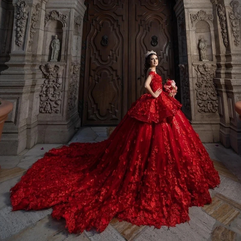 Robes de Quinceanera rouges avec perles, robe de Rhà fleurs 3D, robe de soirée à lacets, robe de train court, robe de soirée initiée