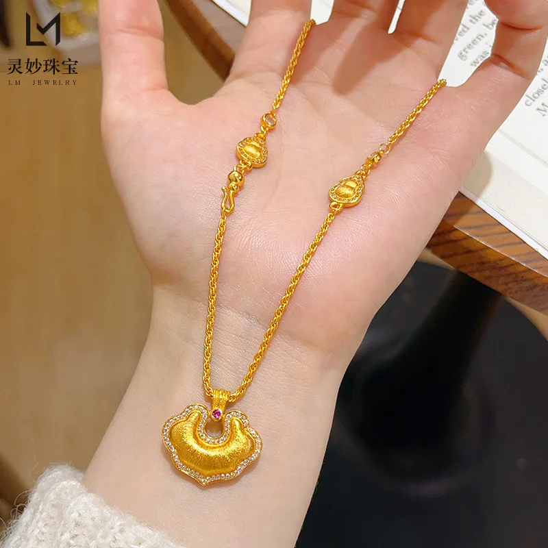 

9999 24K real gold luxury jewelry Ruyi lock pendant necklace double-sided hollow pendant gourd to give to girlfriend