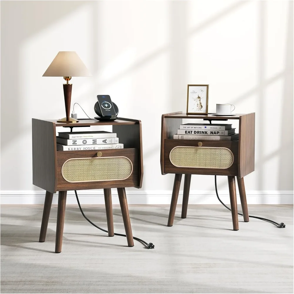 

nightstand set of 2, rattan night stands with charging station, mid century modern bedside table with drawer, boho dark brown en
