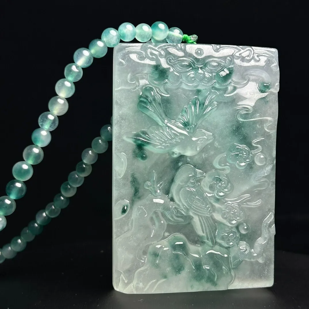 Natural ice Jade Jadeite Carved magpie plum blossom Pendant&Necklaces