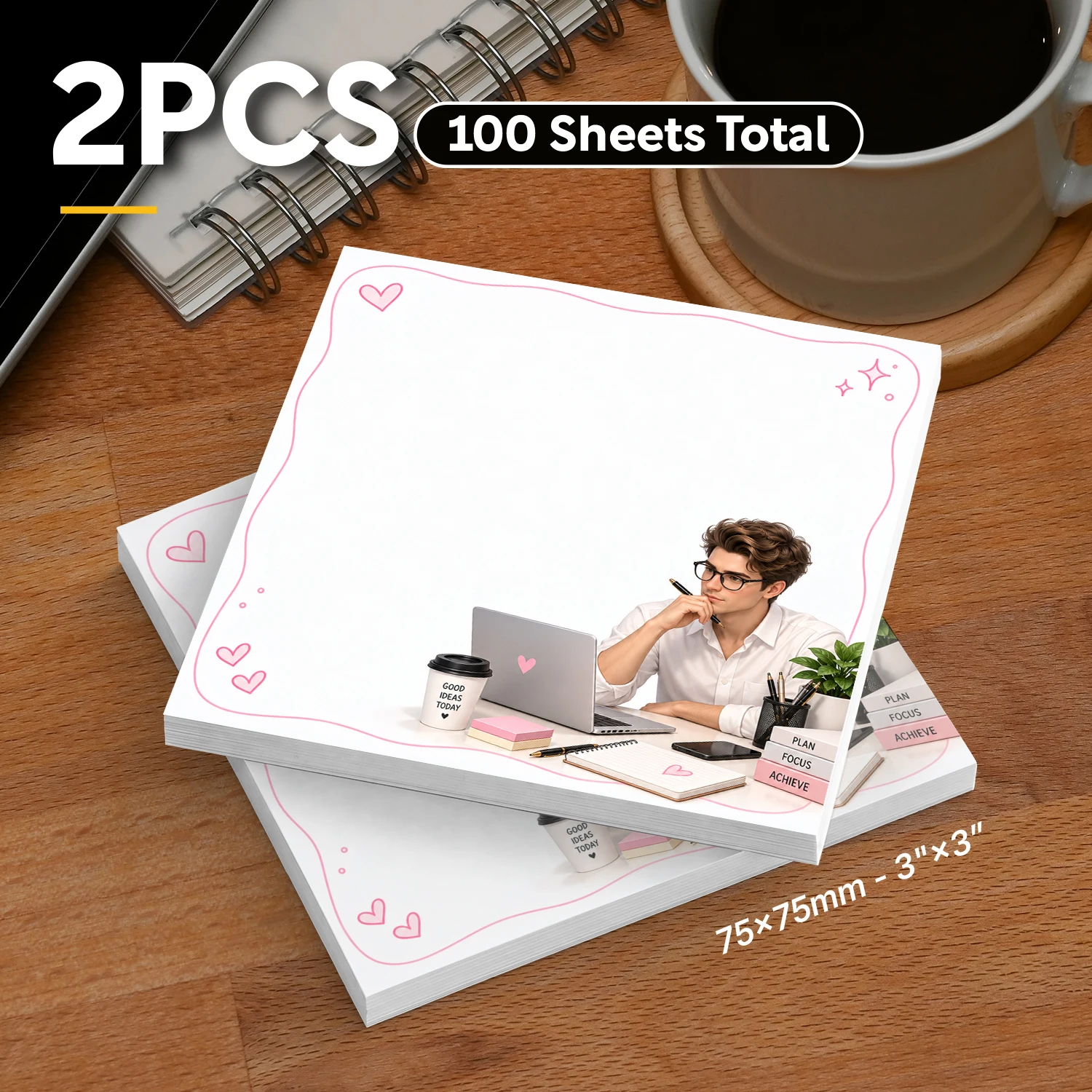 2PCS Office Man Sticky Notes 100 Sheets Laptop Coffee Work Desk Memo Pads Writing Reminder Notes Office School Stationery
