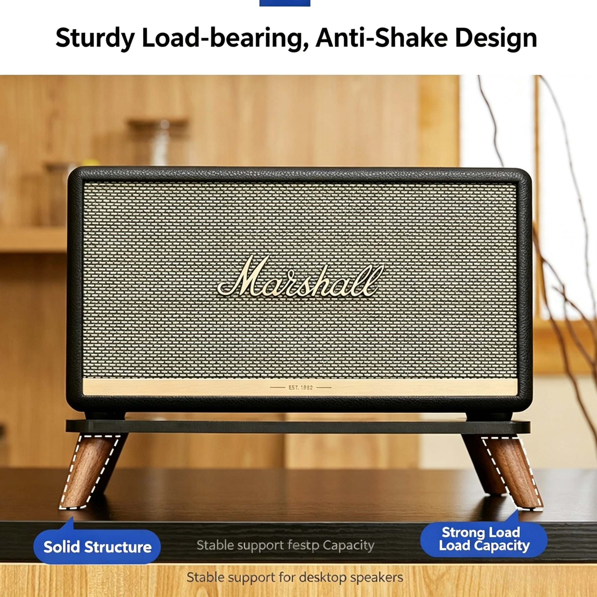 Walnut Desktop Speaker Stands for Marshall Acton Stanmore Wobunrn Kilburn Resonance Damping Isolation Riser Anti-Vibration Pads