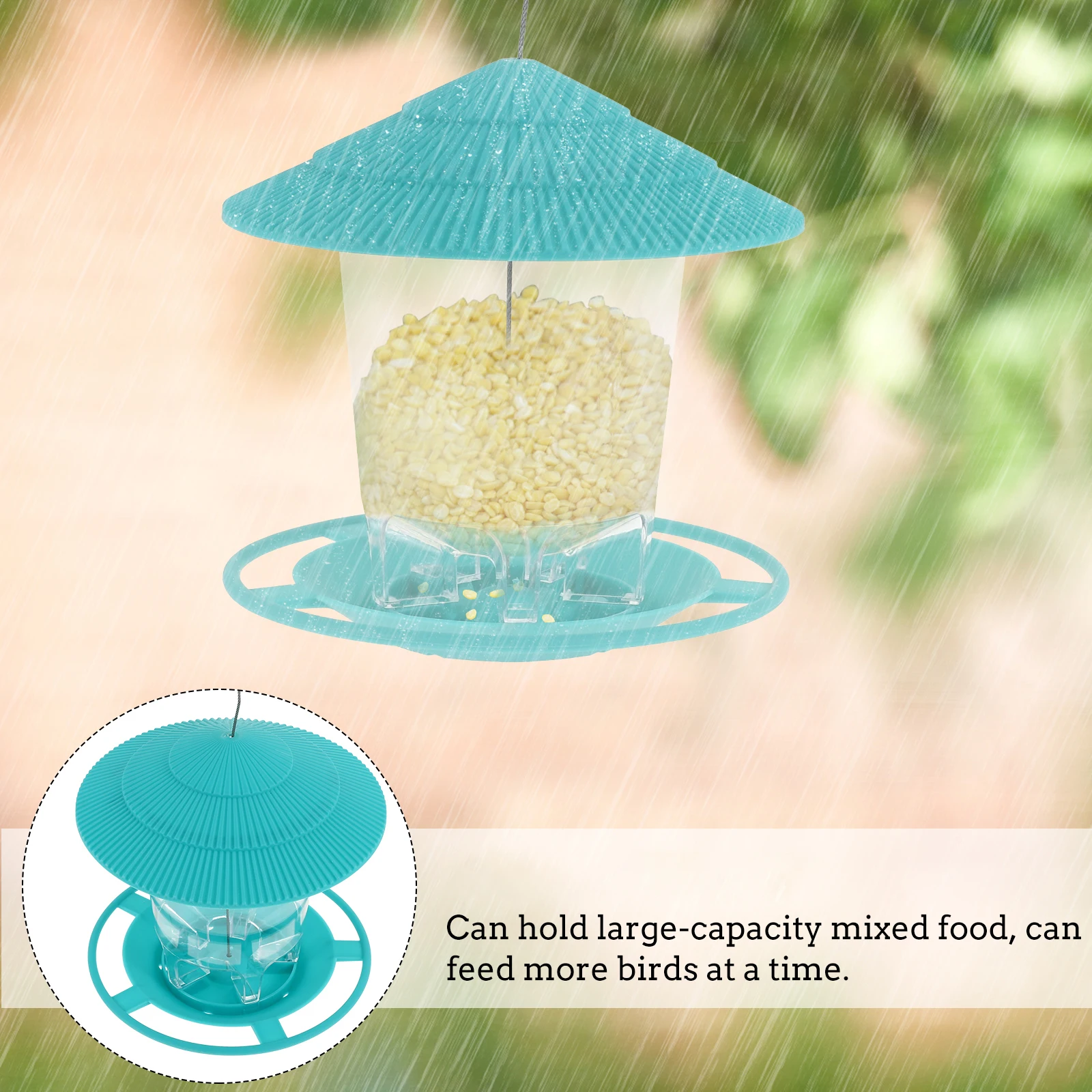 

Plastic Bird Feeder Roof Container Green Easy Refill Clean Large Capacity Mixed Food Outdoor Garden Waterproof Hanging