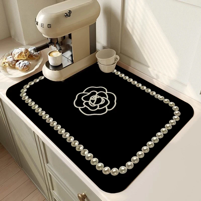 Retro French Printed Coffee Machine Mat Quick Water Absorption Kitchen Utensil Drying Mat Desktop Drainage Pad Counter Cover