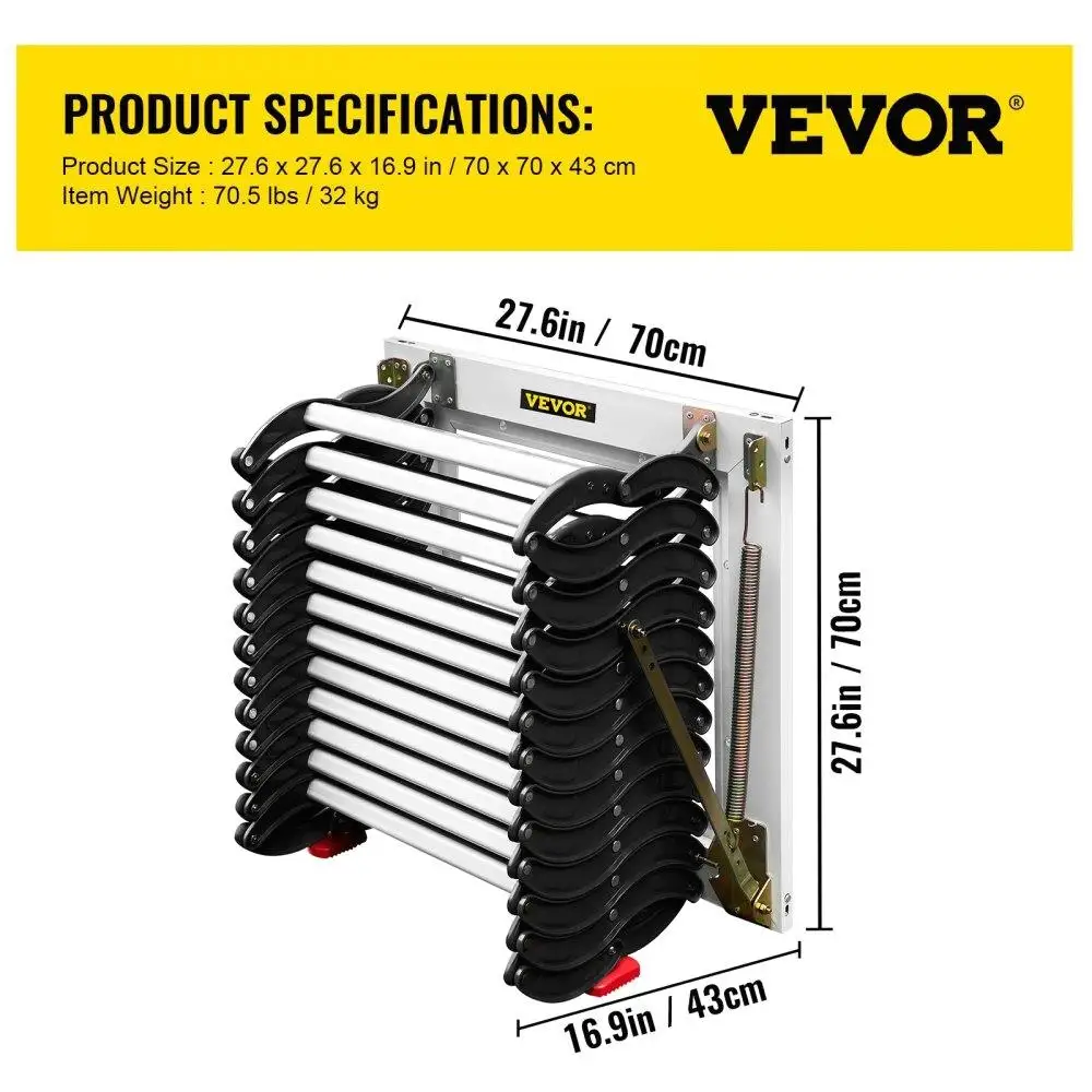 Pull Down per scale soffitta scala retrattile pieghevole a parete nera in lega a 12 gradini con braccioli 9,8 piedi