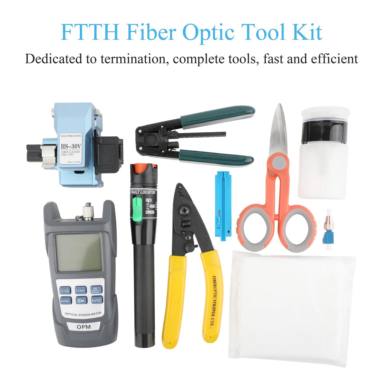 مجموعة أدوات إنهاء وتنظيف وتختبار الألياف الضوئية (11/12/14/15 قطعة في 1) لمشاريع FTTH جهاز اختبار الألياف الضوئية والمحول وما إلى ذلك.