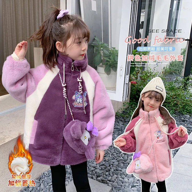 

Kawaii Kuromi Melody Girls Fleece Jacket Thermal Mink Velvet Coat Anime Sanrios Winter Fashion Thick Coat Kids Clothing with Bag