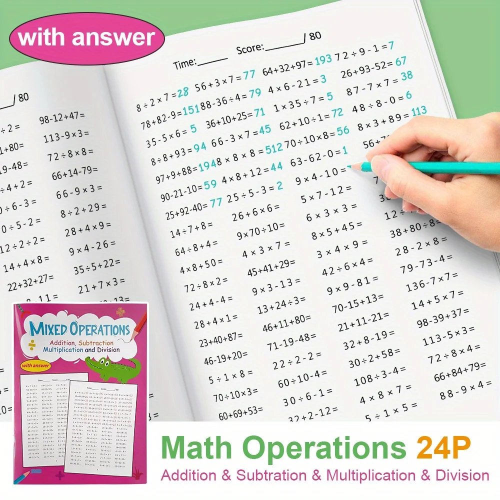 Math Workbook for Grade 3-4 Mixed Operations with Answers, Addition, Subtraction Multiplication Division Practice Tests Book