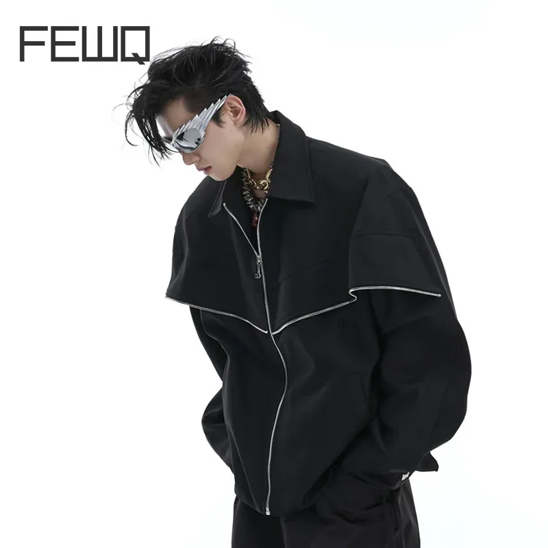 

FEWQ Deconstruction Silhouette Metal Splicing Shoulder Pad Jacket Darkwear 2024 Zipper Casual Male Tops New Fashion 24E1538