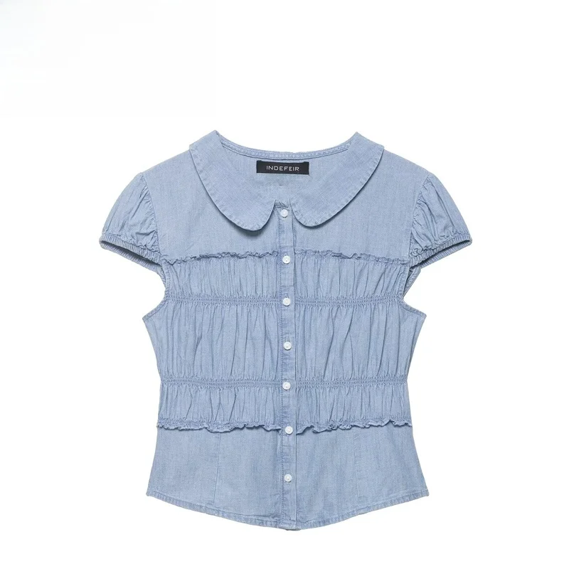 

Модная женская рубашка с воротником-стойкой и декоративными элементами, приталенная, из дышащего полиэстера, с коротким рукавом, весенняя