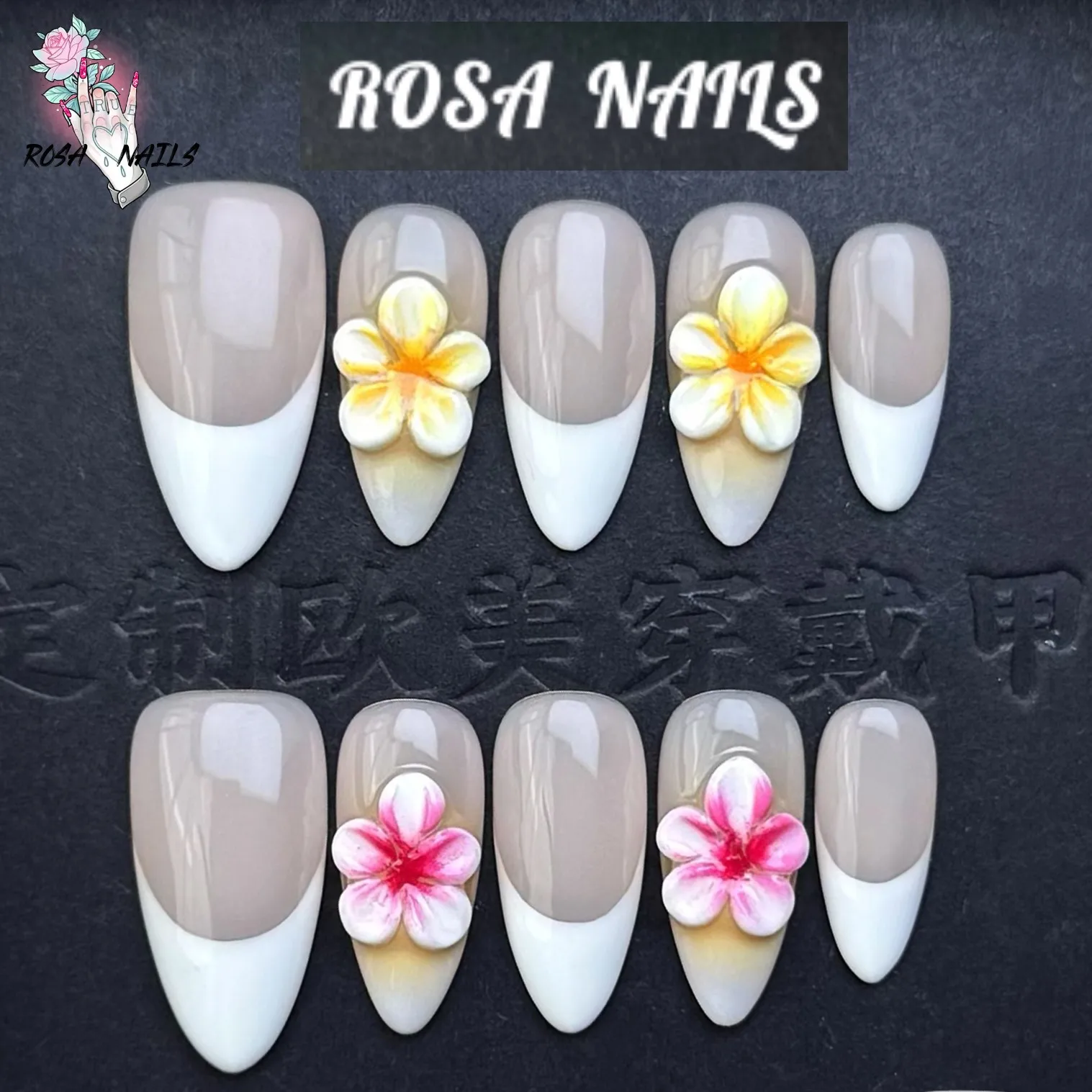 

French Tips Nail White 3D Flower Fake Nails Handmade Medium Almond False Nails Tip Press on Nail Tips Flowers Reusable Pressons