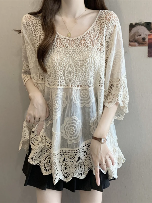 

Women's Hollow out ort Sve irt Casual Sle f Sve Top Outerwear Jaet Summer Slimming Design Large Size