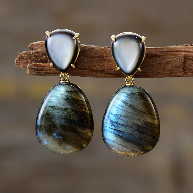 Luxury Hypoallergenic Earrings Women Labradorite Stones Waterdrop Dangling Stud Ear rings Retro Jewelry Bijoux Wholesale