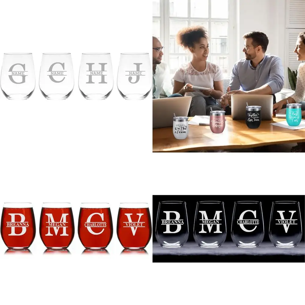 

Personalized Monogrammed Wine Glass Set - 4 Piece Gift for Women and Men - Custom Initial and Name Stemless