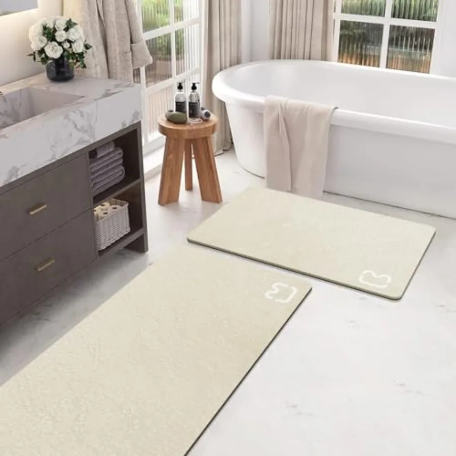 

2 Pcs Bathroom Mat Rugs Set - Quick Dry Absorbent Diatomaceous Earth Bath Mat Non-Slip Bathroom Floor Mat with Rubber Backing T