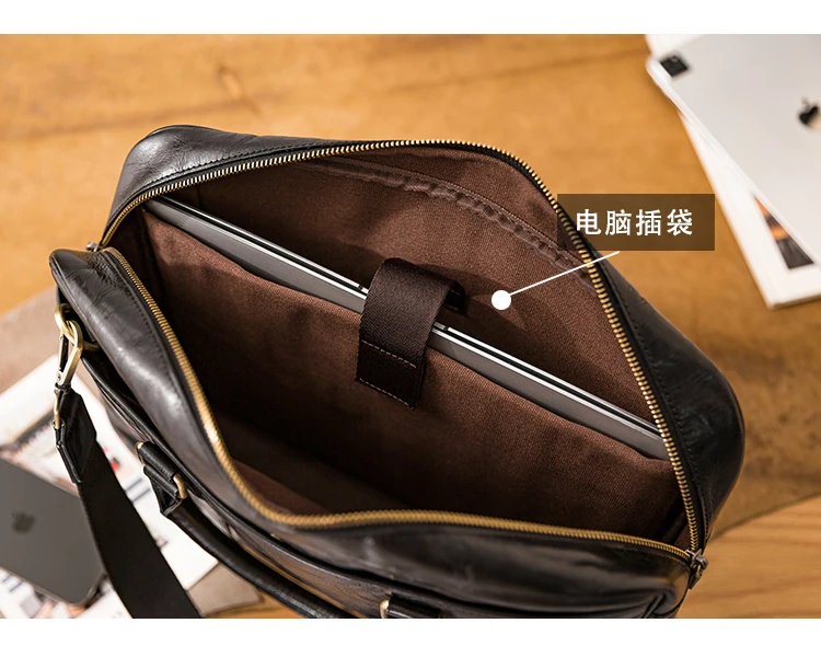 handmade first layer cowhide men's black briefcase office work handbag Business casual genuine leather laptop postman bag