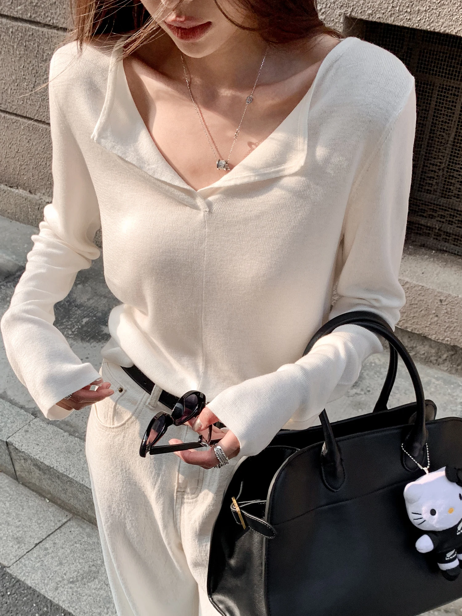 

Женская длинная белая шерстяная трикотажная основа Sve irt f с открытым воротником для похудения, высококачественная универсальная Sli Commute Faion